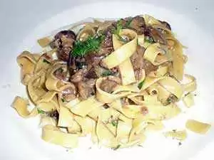 The finished gluten-free tagliatelle in porcini mushroom cream sauce. Photo: CC--h-bomb