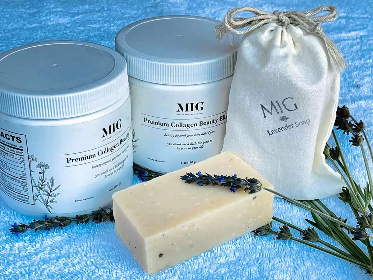 MIG Living's Gluten-Free Premium Collagen Beauty Elixir and Ritual Cleansing Bar Lavender & Colloidal Oat - Image: Mei Adams